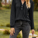 Large Black Long Sleeve Ruffled Henley Top