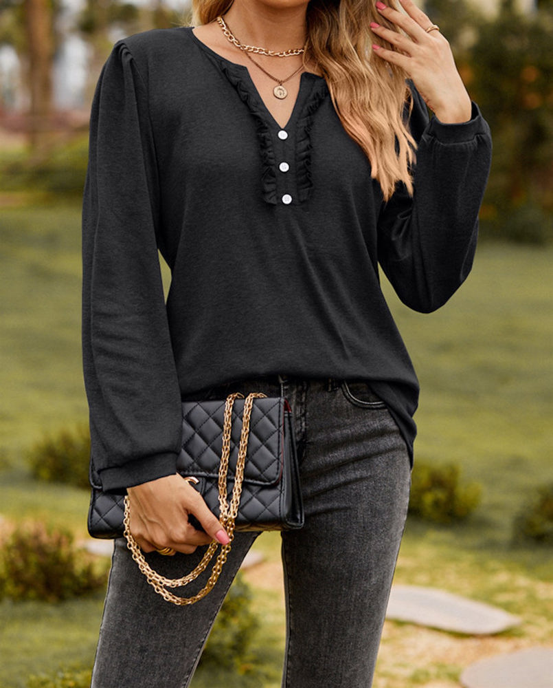 Long Sleeve Ruffled Henley Top