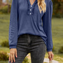 Large Navy Long Sleeve Ruffled Henley Top