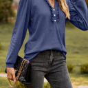 Small Navy Long Sleeve Ruffled Henley Top