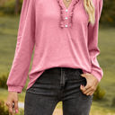 Small Pink Long Sleeve Ruffled Henley Top