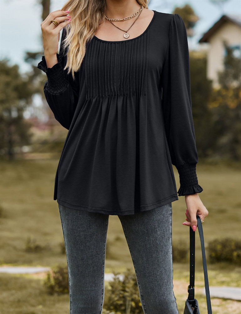 Pintuck Pleated Smocked Long Sleeve Top