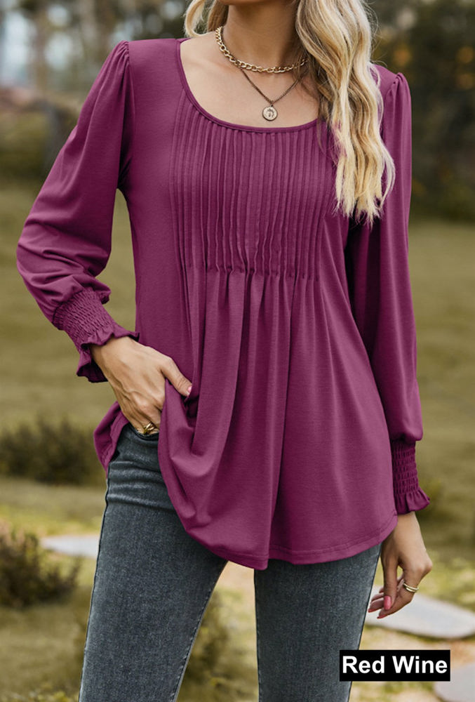 Pintuck Pleated Smocked Long Sleeve Top