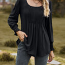 Small Black Pintuck Pleated Smocked Long Sleeve Top