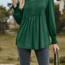 Large Green Pintuck Pleated Smocked Long Sleeve Top