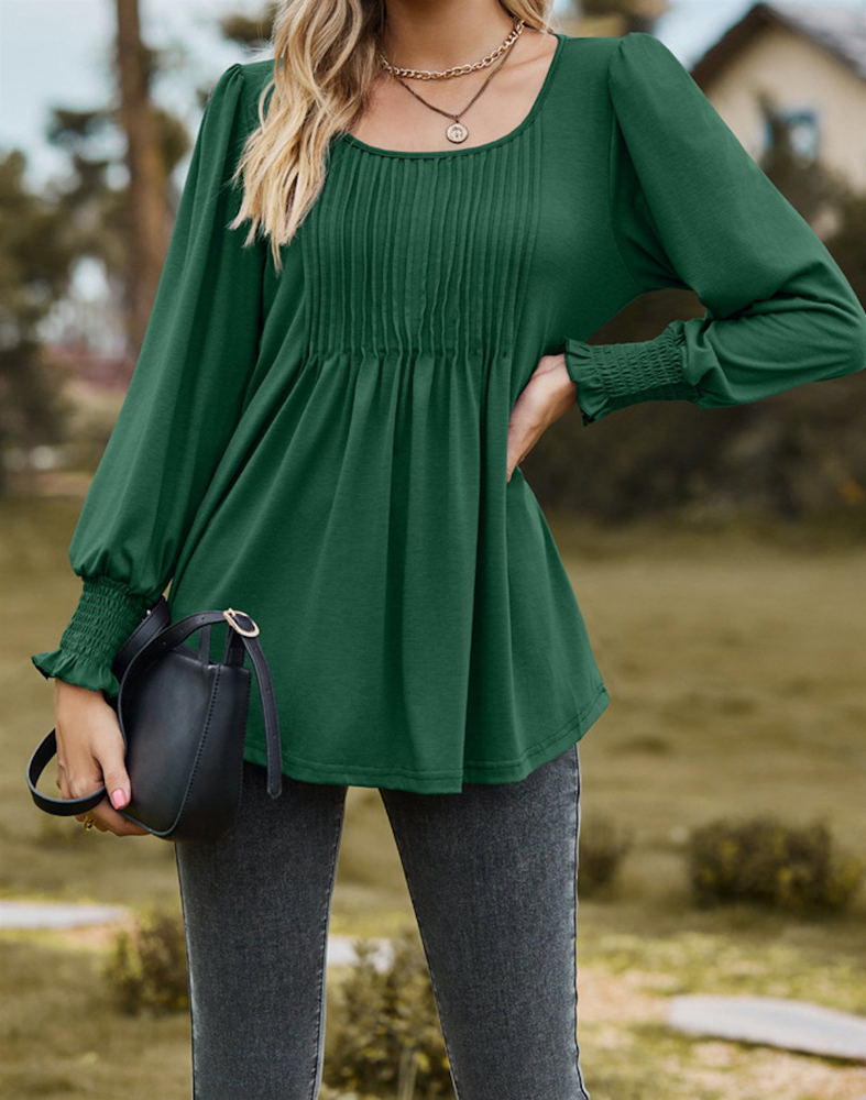 Pintuck Pleated Smocked Long Sleeve Top