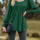 Small Green Pintuck Pleated Smocked Long Sleeve Top