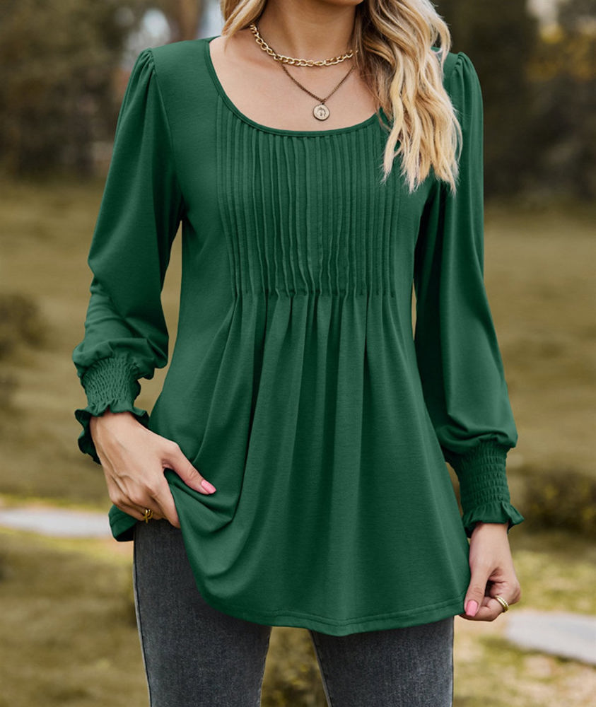 Pintuck Pleated Smocked Long Sleeve Top