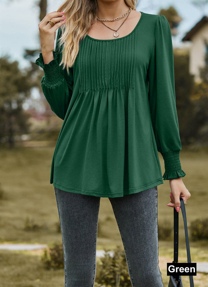 Pintuck Pleated Smocked Long Sleeve Top