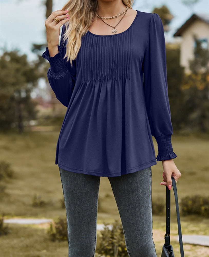 Pintuck Pleated Smocked Long Sleeve Top