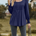 Small Navy Pintuck Pleated Smocked Long Sleeve Top