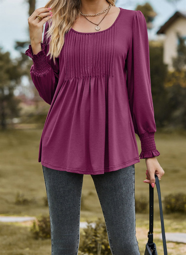 Pintuck Pleated Smocked Long Sleeve Top