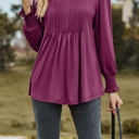 Small Red Wine Pintuck Pleated Smocked Long Sleeve Top