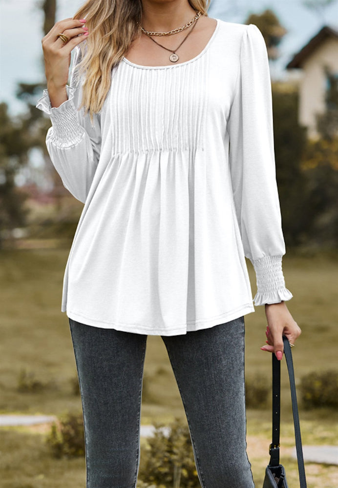 Pintuck Pleated Smocked Long Sleeve Top