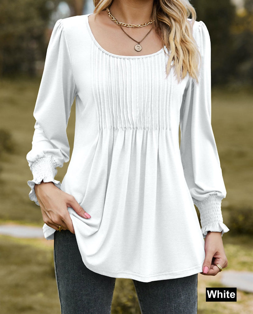 Pintuck Pleated Smocked Long Sleeve Top