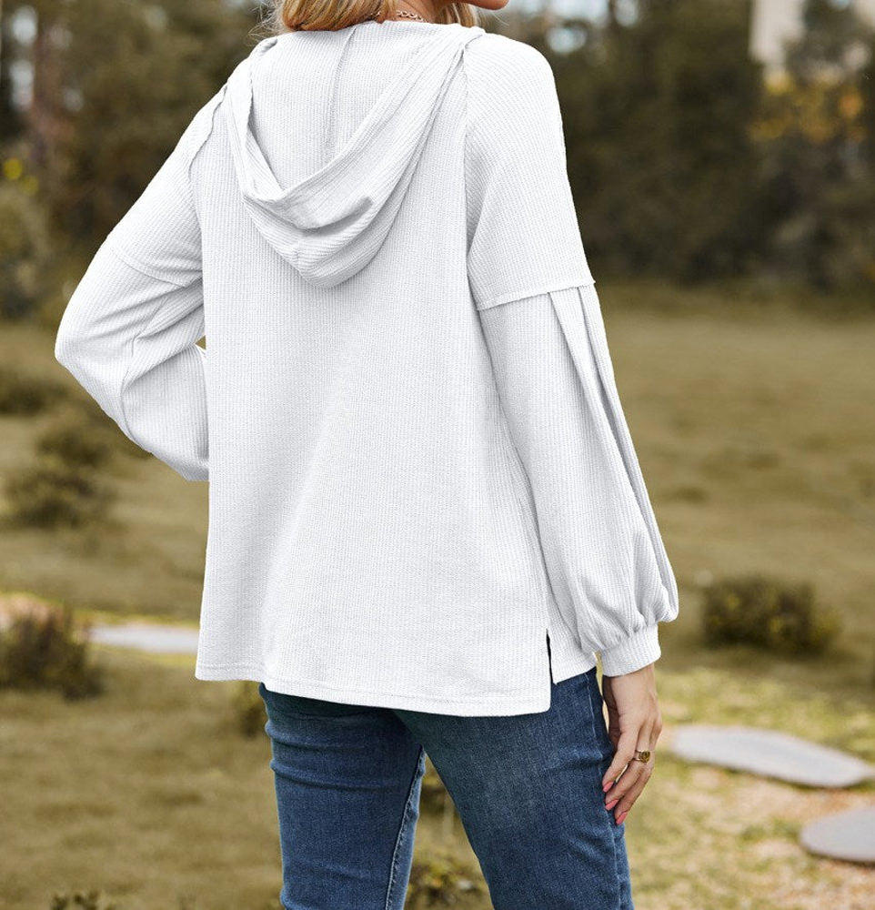 Poet Sleeve Ribbed Knit Hooded Top