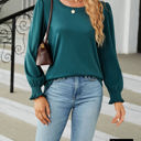 Large Green Scoop Neck Long Smocked Sleeve Top