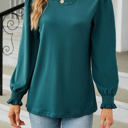 Small Green Scoop Neck Long Smocked Sleeve Top