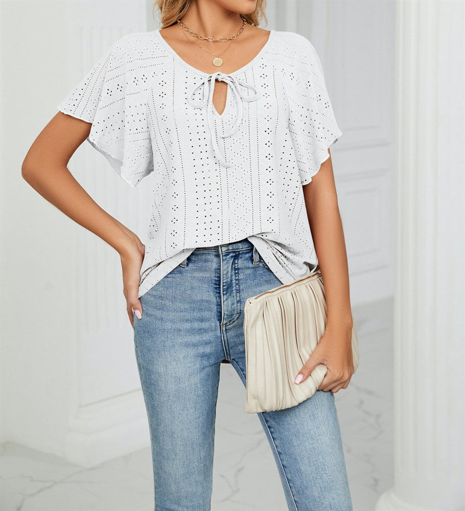 Butterfly Sleeve Eyelet Bow Top