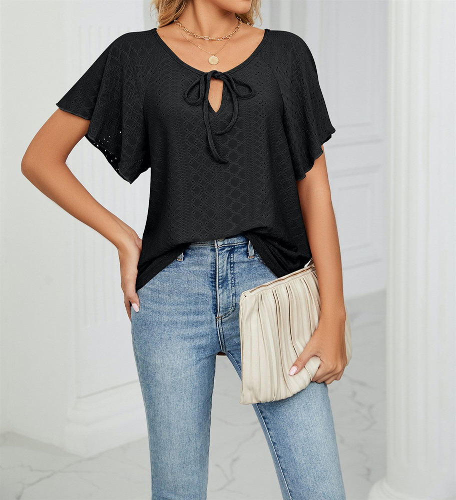 Butterfly Sleeve Eyelet Bow Top