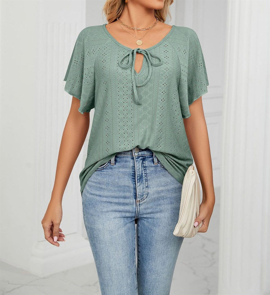 Butterfly Sleeve Eyelet Bow Top