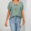 XL Green Butterfly Sleeve Eyelet Bow Top