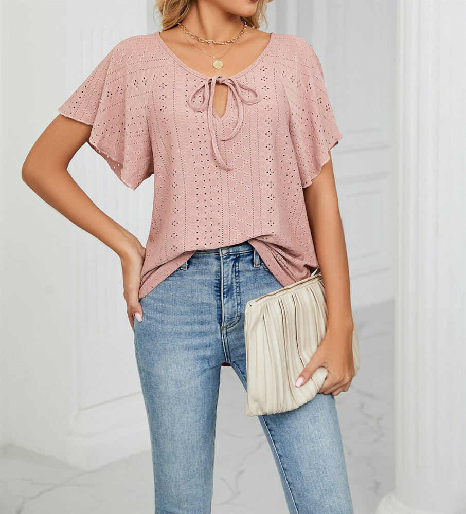 Butterfly Sleeve Eyelet Bow Top