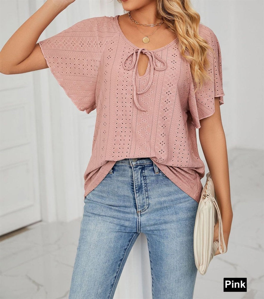 Butterfly Sleeve Eyelet Bow Top