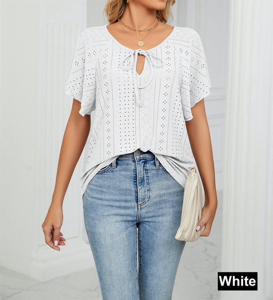 Butterfly Sleeve Eyelet Bow Top