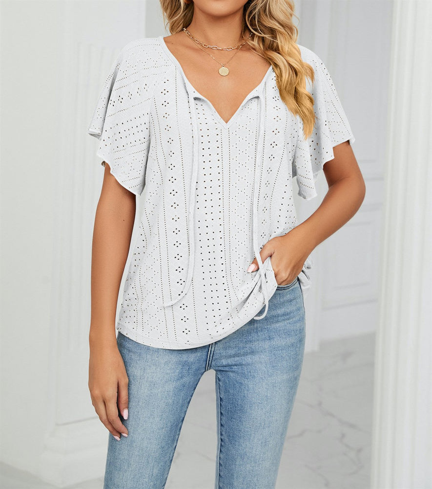 Butterfly Sleeve Eyelet Bow Top