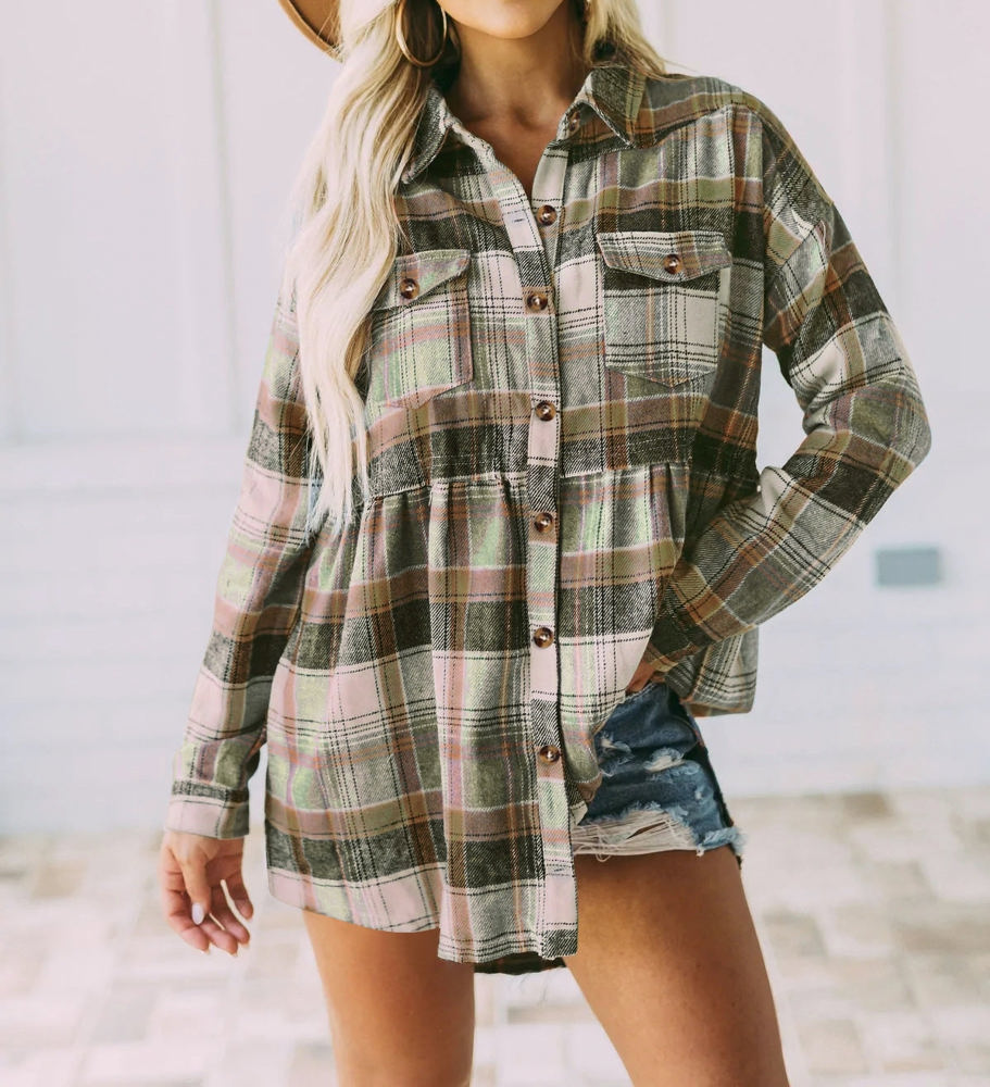 Gathered Plaid Pocket Top