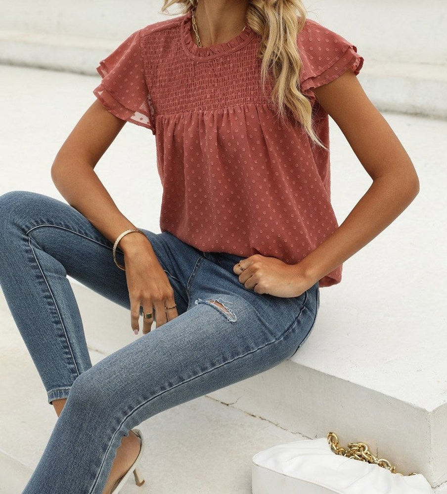 Gathered Ruffled Dotted Top