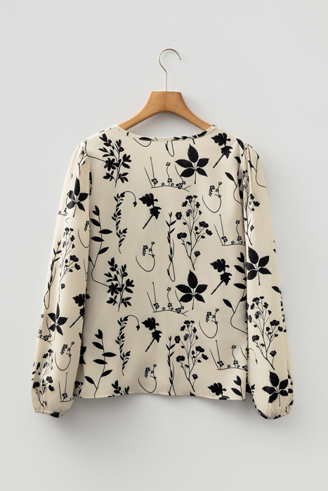 Khaki Botanical Floral Print Split Neck Long Sleeve Blouse