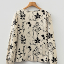 Khaki Botanical Floral Print Split Neck Long Sleeve Blouse