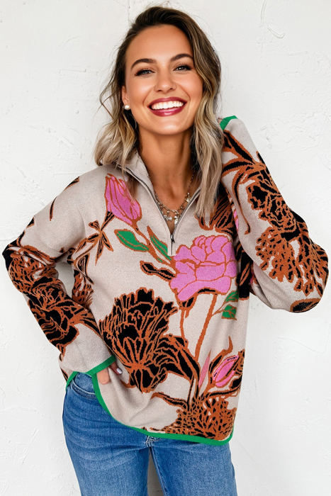 Khaki Floral Pattern Knit Quarter Zip Stand Neck Sweater