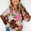  Khaki Floral Pattern Knit Quarter Zip Stand Neck Sweater