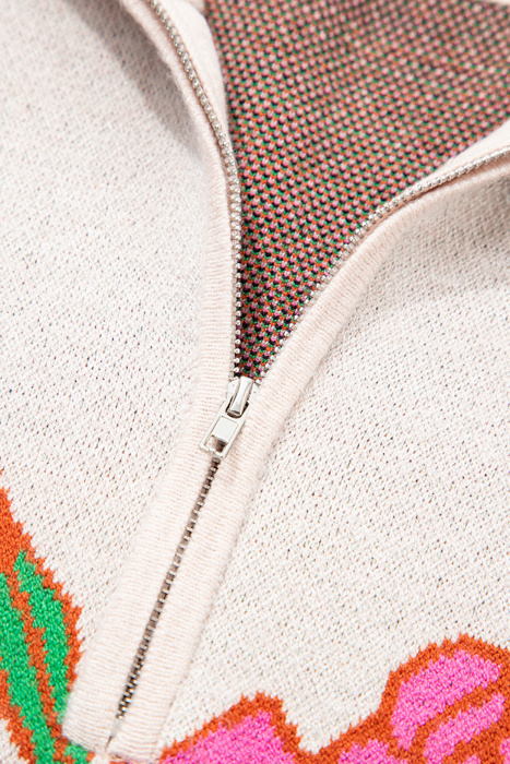 Khaki Floral Pattern Knit Quarter Zip Stand Neck Sweater