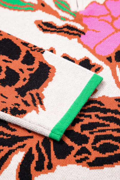 Khaki Floral Pattern Knit Quarter Zip Stand Neck Sweater