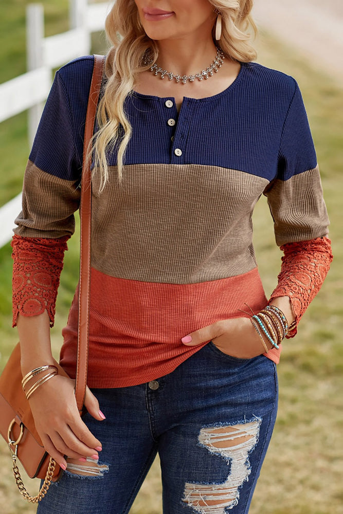 Colorblock Lace Sleeve Top