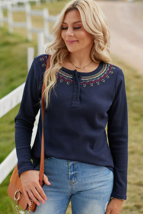 Embroidered Navy Waffle Top