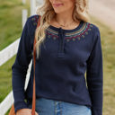  Embroidered Navy Waffle Top