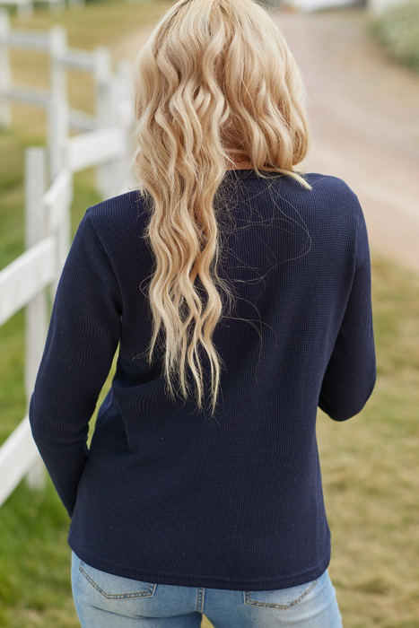 Embroidered Navy Waffle Top