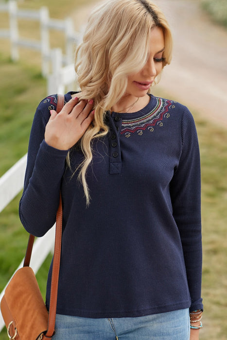 Embroidered Navy Waffle Top