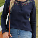  Embroidered Navy Waffle Top