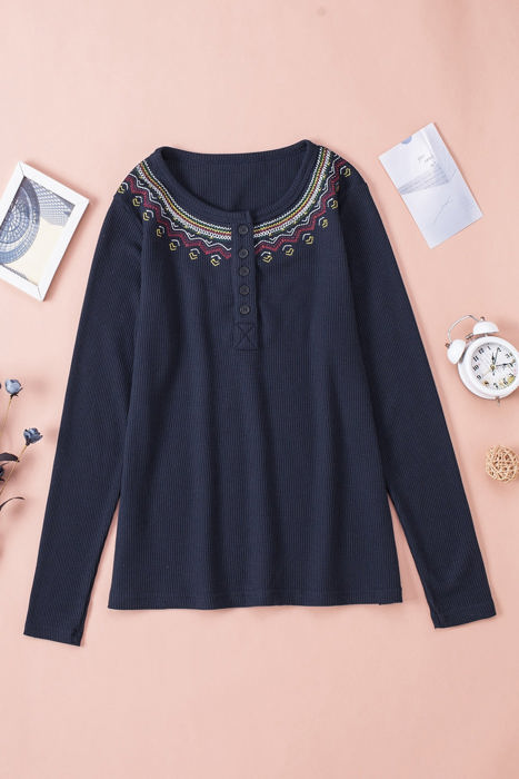 Embroidered Navy Waffle Top