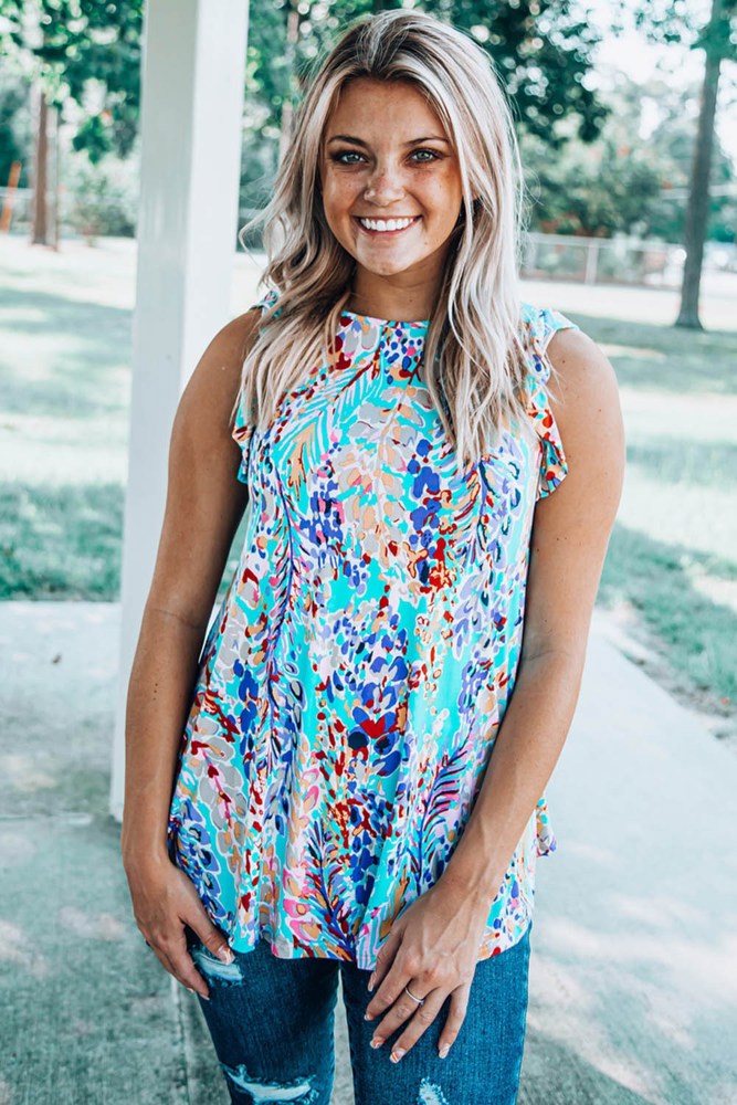 Bright Floral Print Ruffled Sleeve Top