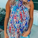 Medium Dark Blue Bright Floral Print Ruffled Sleeve Top