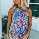 Small Dark Blue Bright Floral Print Ruffled Sleeve Top