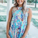 Large Light Blue Bright Floral Print Ruffled Sleeve Top