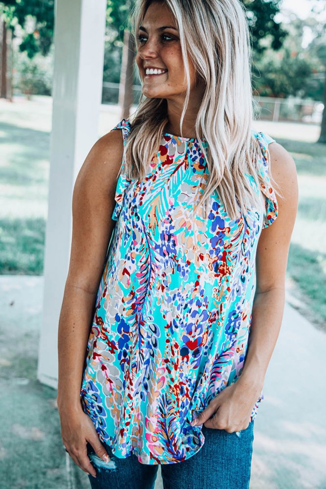 Bright Floral Print Ruffled Sleeve Top